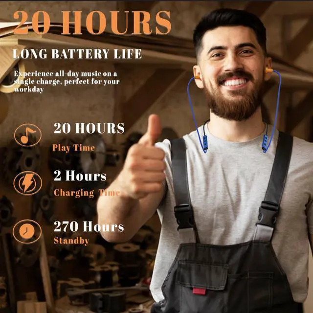 Alt view image 5 of 6 - Bluetooth Earplug Headphones, Neckband Wireless Work Earbuds, Noise Reduction Ear Plugs with 20 Hour Battery, Sweatproof in-Ear Earphones with Mic and Controls, for Work Construction Safety