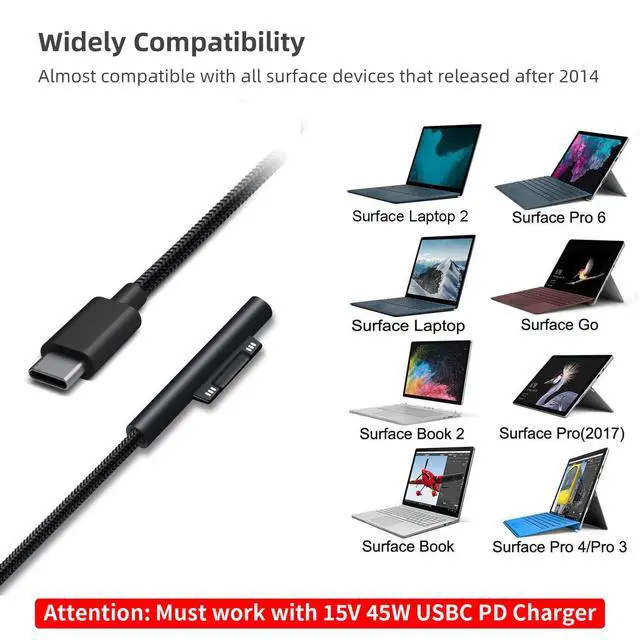 Alt view image 2 of 7 - USB C GaN Charger for Surface Tablets, 65W GaNk Charger with 6ft Nylon Surface to USB C Cable, Compatible for Microsoft Surface Pro 10 7/6/5/4/3 Surface Go 4/3/2/1, Black, GaN-001US