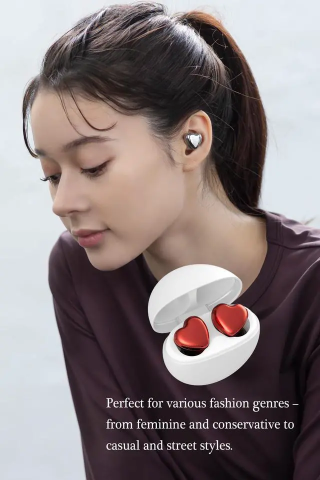 Alt view image 2 of 6 - TE-I3 Cute Heart-Shaped Wireless Earbuds for Small Ears with Clear Hard Case, Bluetooth 5.3, Up to 23 Hours Playtime, IPX4 Waterproof, Multipoint Connection, Ambient Sound, Bulid in Mic (Red)