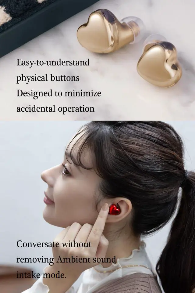 Alt view image 5 of 6 - TE-I3 Cute Heart-Shaped Wireless Earbuds for Small Ears with Clear Hard Case, Bluetooth 5.3, Up to 23 Hours Playtime, IPX4 Waterproof, Multipoint Connection, Ambient Sound, Bulid in Mic (Red)