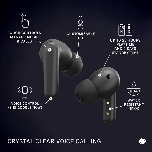 Alt view image 5 of 6 - True Wireless Earbuds Headphones with Active Noise Cancelling, 25 Hours Playtime, Touch Controls & 6 Microphones for Clear Calling, Bluetooth 5.0 Earphones, London, Black