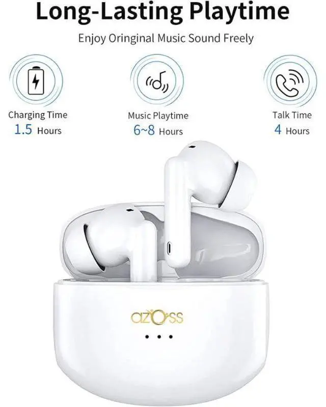 Alt view image 2 of 5 - Azoss Wireless Earbuds with Active Noise Cancellation, Bluetooth 5.3, 48H Playtime, Clip-On Design, White - Waterproof, Mic for Hands-Free Calls for iPhone, Android, Pad, Sports, Workout