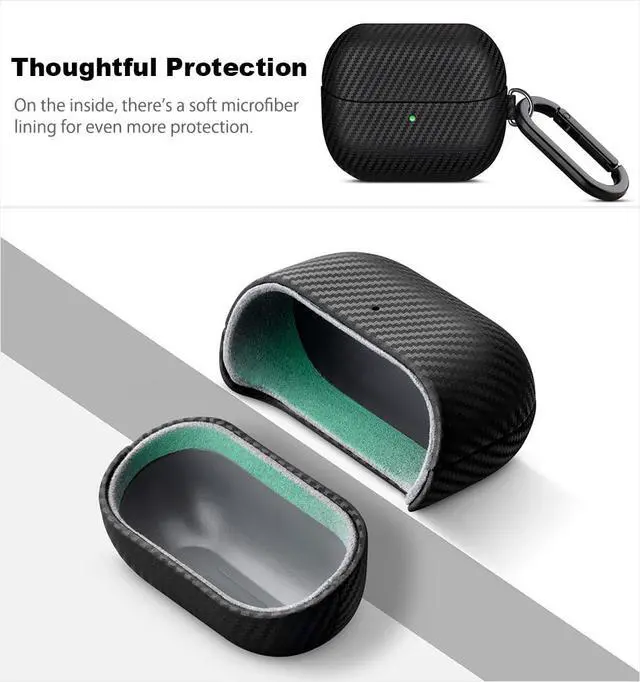 Alt view image 6 of 7 - Leather Case - Samsung Galaxy Buds 3 Pro & 3 & 3 FE Case with Clip | Selected Skin-friendly Cowhide Leather, Carbon Fibre Texture, Handmade Drop Protective Hard Cover for Samsung Earbuds - Black