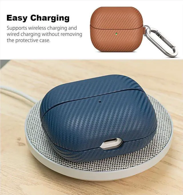 Alt view image 7 of 7 - Leather Case - Samsung Galaxy Buds 3 Pro & 3 & 3 FE Case with Clip | Selected Skin-friendly Cowhide Leather, Carbon Fibre Texture, Handmade Drop Protective Hard Cover for Samsung Earbuds - Brown