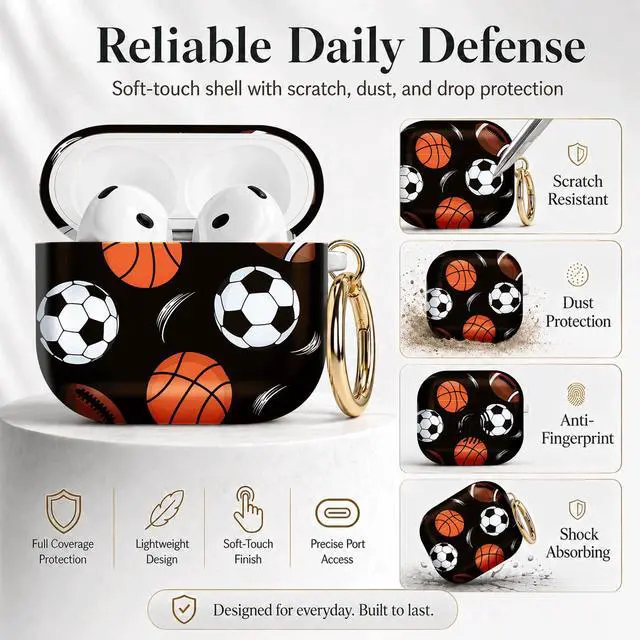 Alt view image 2 of 7 - Compatible with Airpod 4 Case,TPU Cute Pattern Protective, Shockproof Anti Scratch Case with Keychain Ring, Supports Wireless Charging(Basketball Soccer Football)