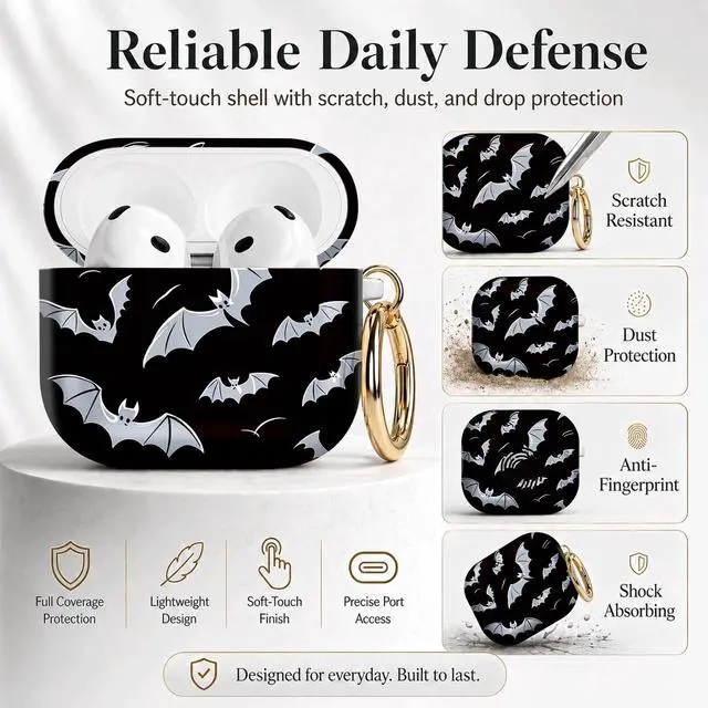 Alt view image 2 of 7 - Compatible with Airpod 4 Case,TPU Cute Pattern Protective, Shockproof Anti Scratch Case with Keychain Ring, Supports Wireless Charging(Bats Flying)