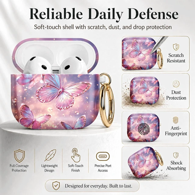 Alt view image 2 of 7 - Compatible with Airpod 4 Case,TPU Cute Pattern Protective, Shockproof Anti Scratch Case with Keychain Ring, Supports Wireless Charging(Colorful Butterflies Floating in Sparkles)