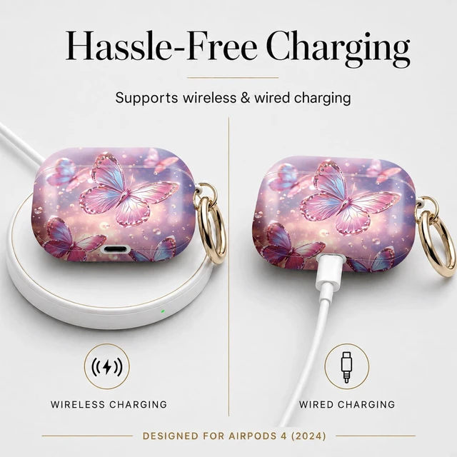 Alt view image 5 of 7 - Compatible with Airpod 4 Case,TPU Cute Pattern Protective, Shockproof Anti Scratch Case with Keychain Ring, Supports Wireless Charging(Colorful Butterflies Floating in Sparkles)