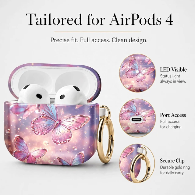 Alt view image 6 of 7 - Compatible with Airpod 4 Case,TPU Cute Pattern Protective, Shockproof Anti Scratch Case with Keychain Ring, Supports Wireless Charging(Colorful Butterflies Floating in Sparkles)