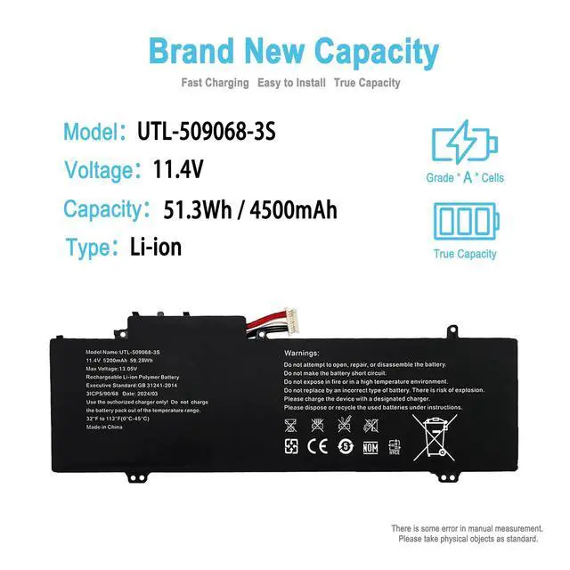 Alt view image 2 of 7 - UTL-509068-3S Replacement Laptop Battery for Gateway GWTN141-10BK GWTN141-10BL GWTN141-10GR GWTN156-5BL GWNR71517-BK Gwtn141-4bl Series 5376275P NV-509067-3S 11.4V 51.3Wh 4500mAh