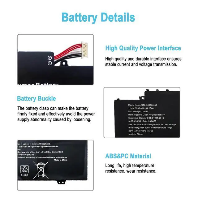 Alt view image 3 of 7 - UTL-509068-3S Replacement Laptop Battery for Gateway GWTN141-10BK GWTN141-10BL GWTN141-10GR GWTN156-5BL GWNR71517-BK Gwtn141-4bl Series 5376275P NV-509067-3S 11.4V 51.3Wh 4500mAh