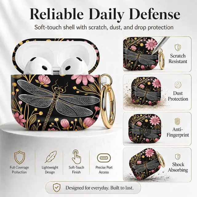 Alt view image 2 of 7 - Compatible with Airpod 4 Case,TPU Cute Pattern Protective, Shockproof Anti Scratch Case with Keychain Ring, Supports Wireless Charging(Dragonfly Floral Gold Pink Black)