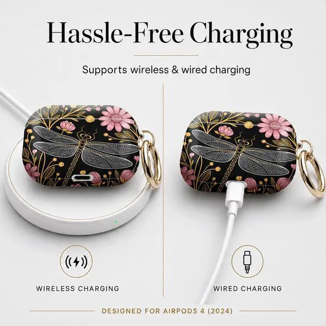 Alt view image 5 of 7 - Compatible with Airpod 4 Case,TPU Cute Pattern Protective, Shockproof Anti Scratch Case with Keychain Ring, Supports Wireless Charging(Dragonfly Floral Gold Pink Black)