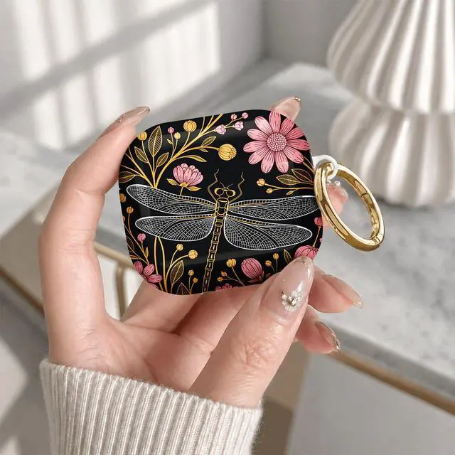 Alt view image 7 of 7 - Compatible with Airpod 4 Case,TPU Cute Pattern Protective, Shockproof Anti Scratch Case with Keychain Ring, Supports Wireless Charging(Dragonfly Floral Gold Pink Black)