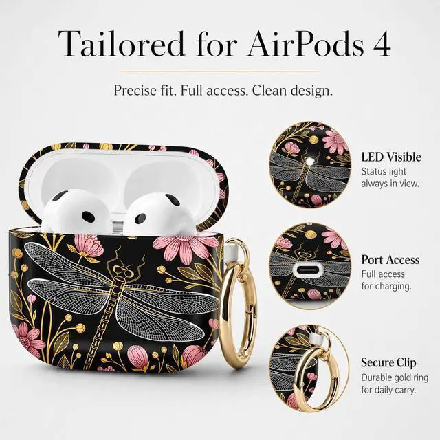Alt view image 6 of 7 - Compatible with Airpod 4 Case,TPU Cute Pattern Protective, Shockproof Anti Scratch Case with Keychain Ring, Supports Wireless Charging(Dragonfly Floral Gold Pink Black)