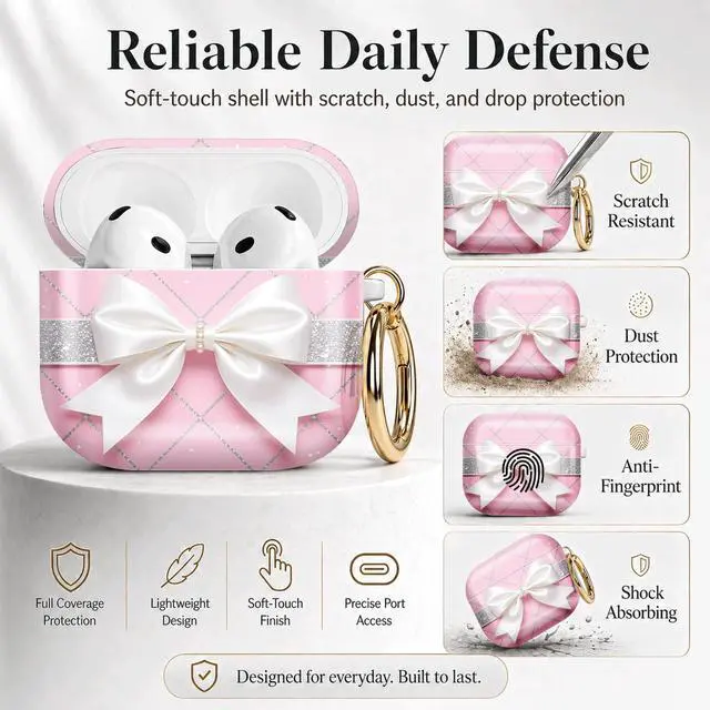 Alt view image 2 of 7 - Compatible with Airpod 4 Case,TPU Cute Pattern Protective, Shockproof Anti Scratch Case with Keychain Ring, Supports Wireless Charging(Pink Grid Silver Glitter Bow)