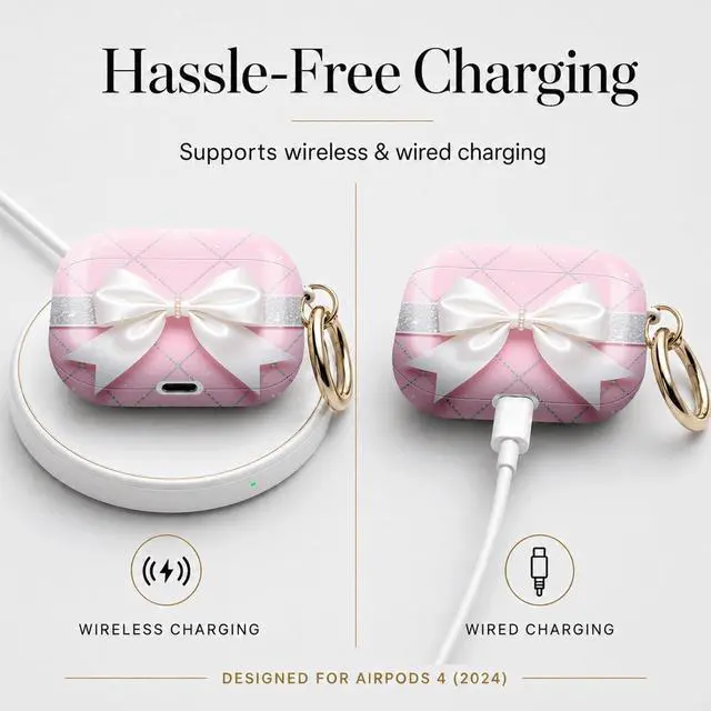 Alt view image 5 of 7 - Compatible with Airpod 4 Case,TPU Cute Pattern Protective, Shockproof Anti Scratch Case with Keychain Ring, Supports Wireless Charging(Pink Grid Silver Glitter Bow)