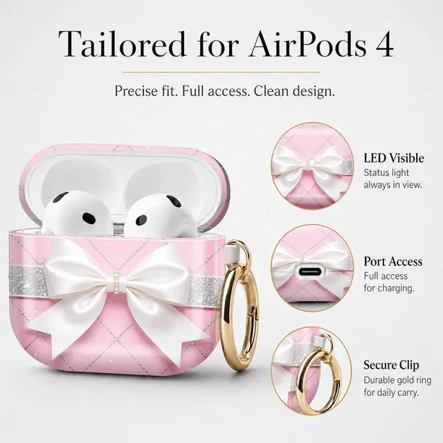 Alt view image 6 of 7 - Compatible with Airpod 4 Case,TPU Cute Pattern Protective, Shockproof Anti Scratch Case with Keychain Ring, Supports Wireless Charging(Pink Grid Silver Glitter Bow)