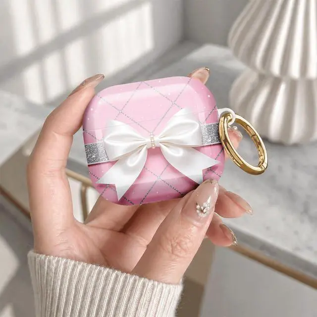 Alt view image 7 of 7 - Compatible with Airpod 4 Case,TPU Cute Pattern Protective, Shockproof Anti Scratch Case with Keychain Ring, Supports Wireless Charging(Pink Grid Silver Glitter Bow)