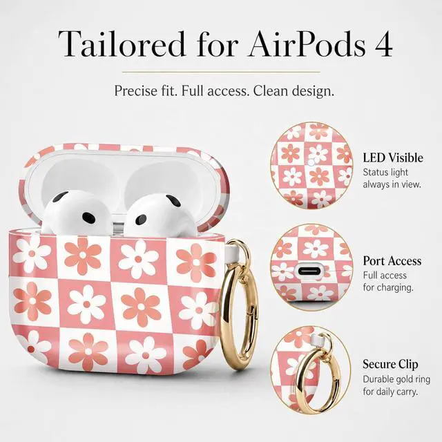 Alt view image 6 of 7 - Compatible with Airpod 4 Case,TPU Cute Pattern Protective, Shockproof Anti Scratch Case with Keychain Ring, Supports Wireless Charging(Pink and White Flower Checkerboard)