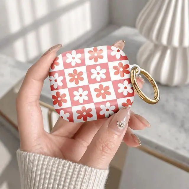 Alt view image 7 of 7 - Compatible with Airpod 4 Case,TPU Cute Pattern Protective, Shockproof Anti Scratch Case with Keychain Ring, Supports Wireless Charging(Pink and White Flower Checkerboard)
