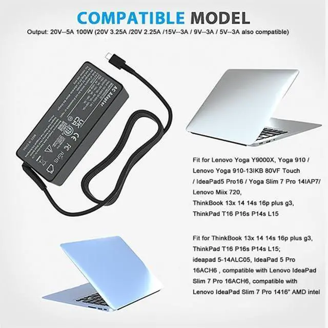 Alt view image 6 of 6 - 100W USB-C Laptop Charger Compatible for Lenovo Yoga 7 Pro 9 9i Y910, Slim 6i 7i, IdeaPad 5 Pro Slim, ThinkBook Plus G3 13x 14G5 14G6 14s 14p 16G4 16p, ThinkPad Neo 14 P14s L15 T16 Adapter