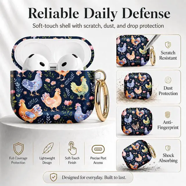 Alt view image 2 of 7 - Compatible with Airpod 4 Case,TPU Cute Pattern Protective, Shockproof Anti Scratch Case with Keychain Ring, Supports Wireless Charging(Colorful Chickens Flowers Leaves)