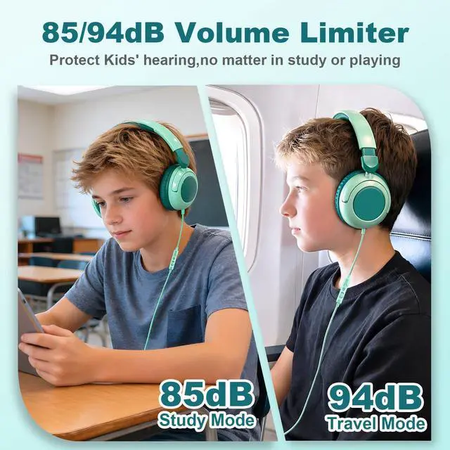 Alt view image 2 of 7 - V8 Kids Headphones,Wired Headphones with Mic, 85/94dB Volume Limiter, Tangle-Free 3.5mm Jack, Stereo Sound, Shared Interface, Adjustable Portable Headphones for School & Travel Green