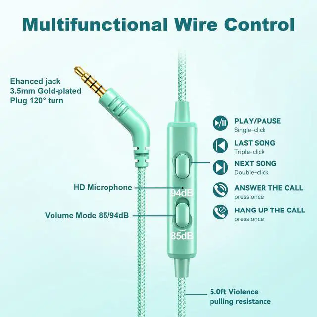 Alt view image 3 of 7 - V8 Kids Headphones,Wired Headphones with Mic, 85/94dB Volume Limiter, Tangle-Free 3.5mm Jack, Stereo Sound, Shared Interface, Adjustable Portable Headphones for School & Travel Green