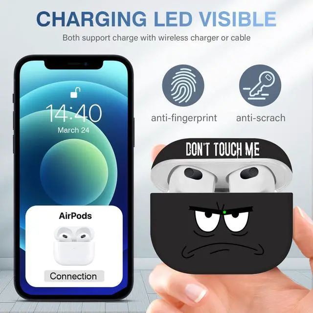 Alt view image 3 of 7 - for Airpods 3rd Generation Case,Don't Touch Me Cool Cover with Lanyard Big Eyes Cute Cartoon for Airpods 3rd Generation Case,Soft Shockproof Cover for Women Men-Grey