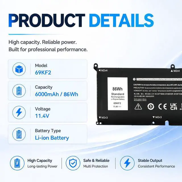 Alt view image 2 of 7 - 86Wh 69KF2 M59JH 8FCTC 70N2F Battery for Dell XPS 15 9500 9510 9520 | Battery for Dell G15 5550 5560 5570 7510 M15 M17 R3 R4 5510 5511 5515 5520 5521 G7 7500 Inspiron 7610 P87F P91F P45E p100f