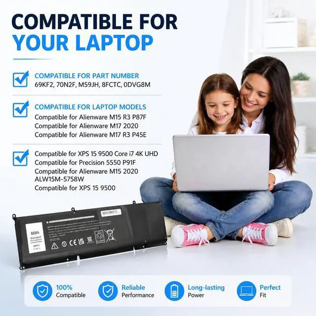 Alt view image 3 of 7 - 86Wh 69KF2 M59JH 8FCTC 70N2F Battery for Dell XPS 15 9500 9510 9520 | Battery for Dell G15 5550 5560 5570 7510 M15 M17 R3 R4 5510 5511 5515 5520 5521 G7 7500 Inspiron 7610 P87F P91F P45E p100f