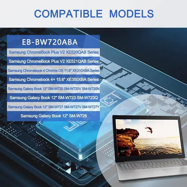 Alt view image 3 of 6 - EB-BW720ABA EB-BW720ABE Battery for Samsung ChromeBook Plus V2 XE520QAB XE521QAB, Chromebook 4 4+ XE310XBA XE350XBA, Galaxy Book 12" SM-W720 SM-W727V SM-W723 W728 W723Q W720N Series AA-PBMN2HO