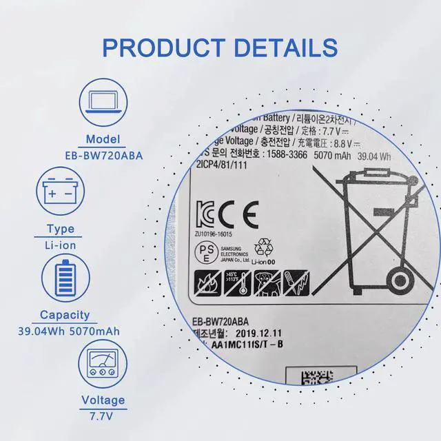 Alt view image 2 of 6 - EB-BW720ABA EB-BW720ABE Battery for Samsung ChromeBook Plus V2 XE520QAB XE521QAB, Chromebook 4 4+ XE310XBA XE350XBA, Galaxy Book 12" SM-W720 SM-W727V SM-W723 W728 W723Q W720N Series AA-PBMN2HO