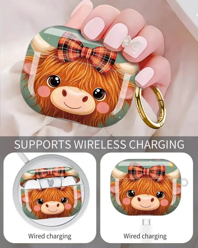 Alt view image 3 of 6 - Compatible with AirPod Pro 3 Case 2025,Shockproof Protective Cover with Keychain,Multi-Theme Graphic Design Shell for Men Women,Ideal for Gym&Travel(Cute Cow with Bow and Flowers)