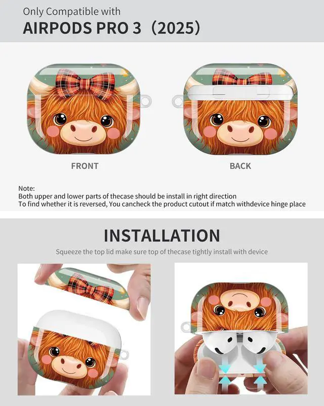 Alt view image 6 of 6 - Compatible with AirPod Pro 3 Case 2025,Shockproof Protective Cover with Keychain,Multi-Theme Graphic Design Shell for Men Women,Ideal for Gym&Travel(Cute Cow with Bow and Flowers)