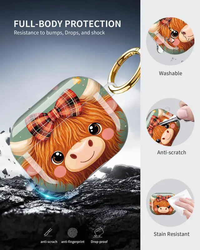 Alt view image 5 of 6 - Compatible with AirPod Pro 3 Case 2025,Shockproof Protective Cover with Keychain,Multi-Theme Graphic Design Shell for Men Women,Ideal for Gym&Travel(Cute Cow with Bow and Flowers)