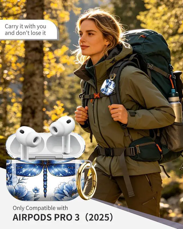 Alt view image 2 of 6 - Compatible with AirPod Pro 3 Case 2025,Shockproof Protective Cover with Keychain,Multi-Theme Graphic Design Shell for Men Women,Ideal for Gym&Travel(Blue Dragonfly Floral Art)