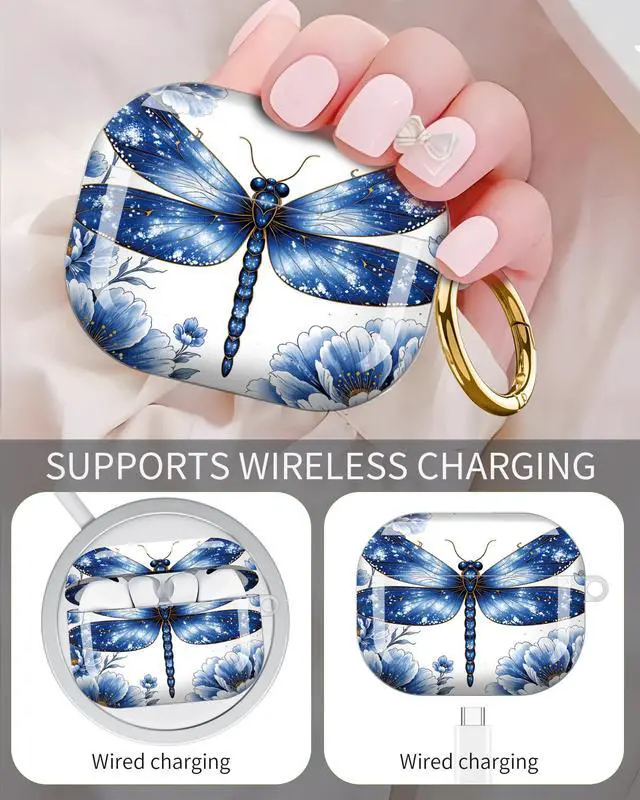Alt view image 3 of 6 - Compatible with AirPod Pro 3 Case 2025,Shockproof Protective Cover with Keychain,Multi-Theme Graphic Design Shell for Men Women,Ideal for Gym&Travel(Blue Dragonfly Floral Art)