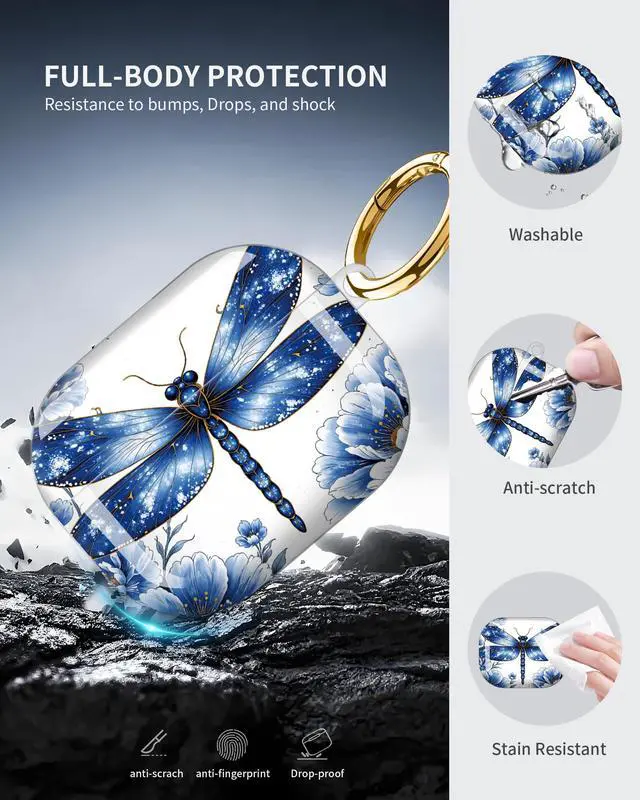 Alt view image 5 of 6 - Compatible with AirPod Pro 3 Case 2025,Shockproof Protective Cover with Keychain,Multi-Theme Graphic Design Shell for Men Women,Ideal for Gym&Travel(Blue Dragonfly Floral Art)