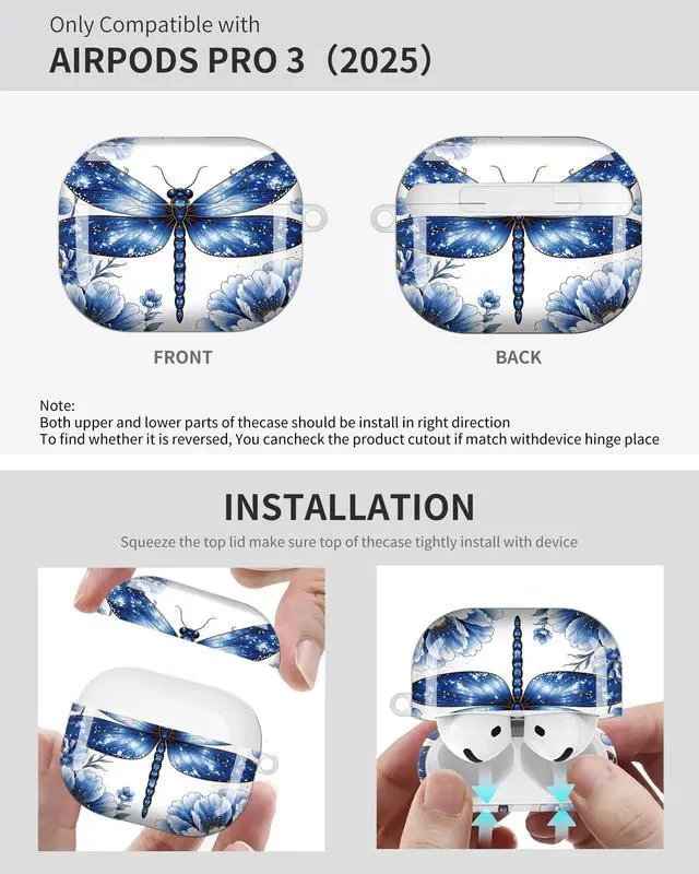 Alt view image 6 of 6 - Compatible with AirPod Pro 3 Case 2025,Shockproof Protective Cover with Keychain,Multi-Theme Graphic Design Shell for Men Women,Ideal for Gym&Travel(Blue Dragonfly Floral Art)