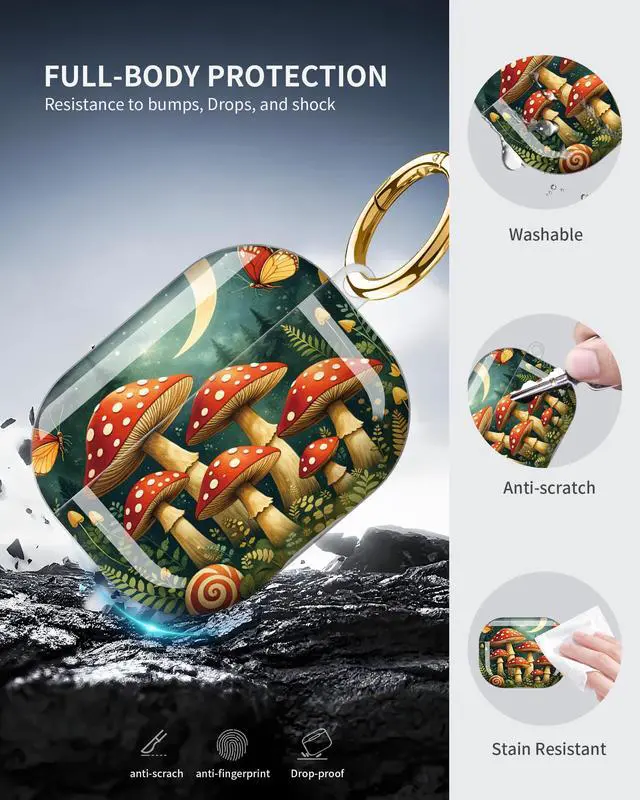 Alt view image 5 of 6 - Compatible with AirPod Pro 3 Case 2025,Shockproof Protective Cover with Keychain,Multi-Theme Graphic Design Shell for Men Women,Ideal for Gym&Travel(Mushroom Forest Moon Butterflies Snail)
