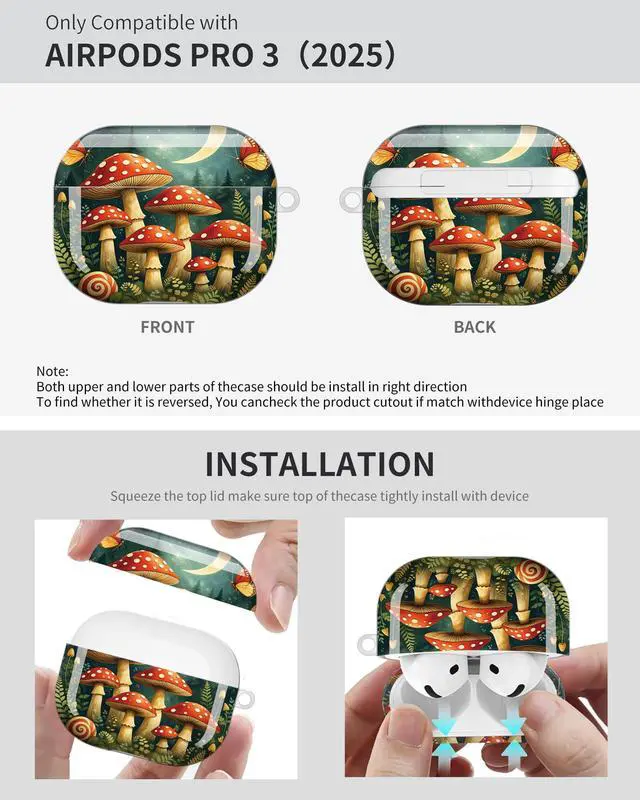 Alt view image 6 of 6 - Compatible with AirPod Pro 3 Case 2025,Shockproof Protective Cover with Keychain,Multi-Theme Graphic Design Shell for Men Women,Ideal for Gym&Travel(Mushroom Forest Moon Butterflies Snail)