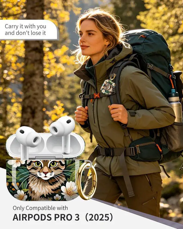 Alt view image 2 of 6 - Compatible with AirPod Pro 3 Case 2025,Shockproof Protective Cover with Keychain,Multi-Theme Graphic Design Shell for Men Women,Ideal for Gym&Travel(Cat Floral Art)