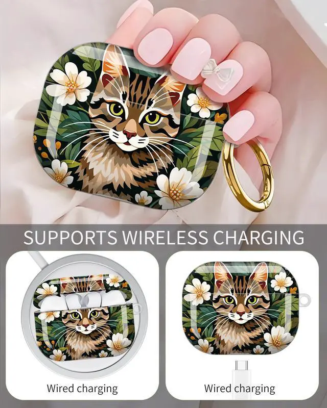 Alt view image 3 of 6 - Compatible with AirPod Pro 3 Case 2025,Shockproof Protective Cover with Keychain,Multi-Theme Graphic Design Shell for Men Women,Ideal for Gym&Travel(Cat Floral Art)