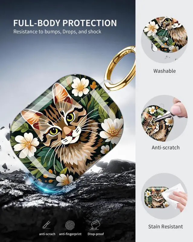 Alt view image 5 of 6 - Compatible with AirPod Pro 3 Case 2025,Shockproof Protective Cover with Keychain,Multi-Theme Graphic Design Shell for Men Women,Ideal for Gym&Travel(Cat Floral Art)