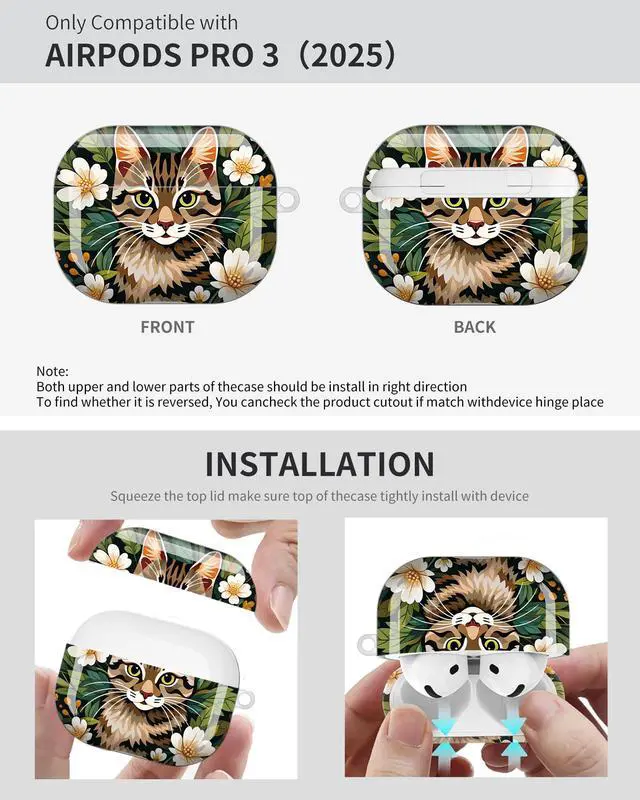 Alt view image 6 of 6 - Compatible with AirPod Pro 3 Case 2025,Shockproof Protective Cover with Keychain,Multi-Theme Graphic Design Shell for Men Women,Ideal for Gym&Travel(Cat Floral Art)