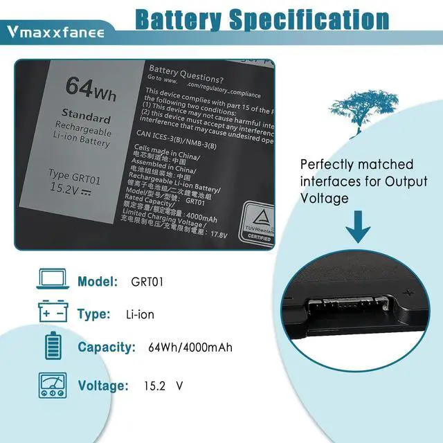 Alt view image 2 of 7 - GRT01 64Wh Battery Replacement for Dell Latitude 5521 5531 5421 5431 Precision 3470 3561 3571 3581 Series Laptop 0P3TJ 00P3TJ 0R05P0 R05P0 05RGW