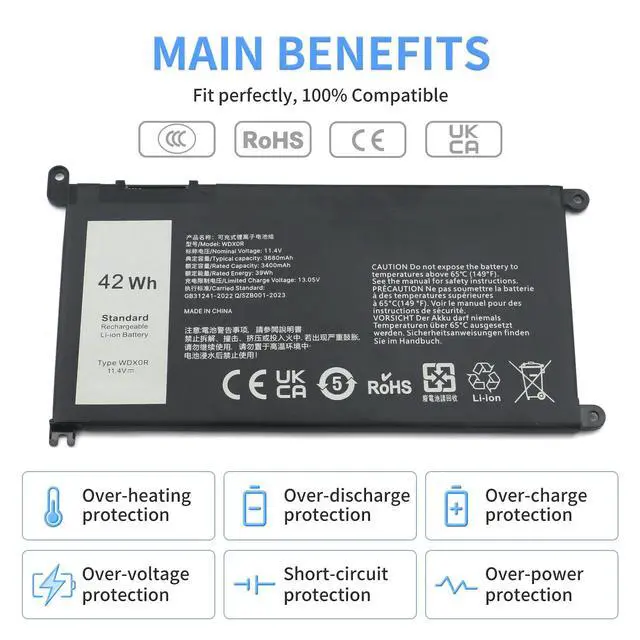 Alt view image 3 of 6 - WDX0R 11.4V/42Wh Replacement Laptop Battery for Dell Inspiron 13 14 15 5000 7000 Series 5570 7579 5567 5379 5579 7573 7378 5378 3780 3790 5565 5765 5770 7368,P/N:WDXOR P69G 3CRH3 P58F