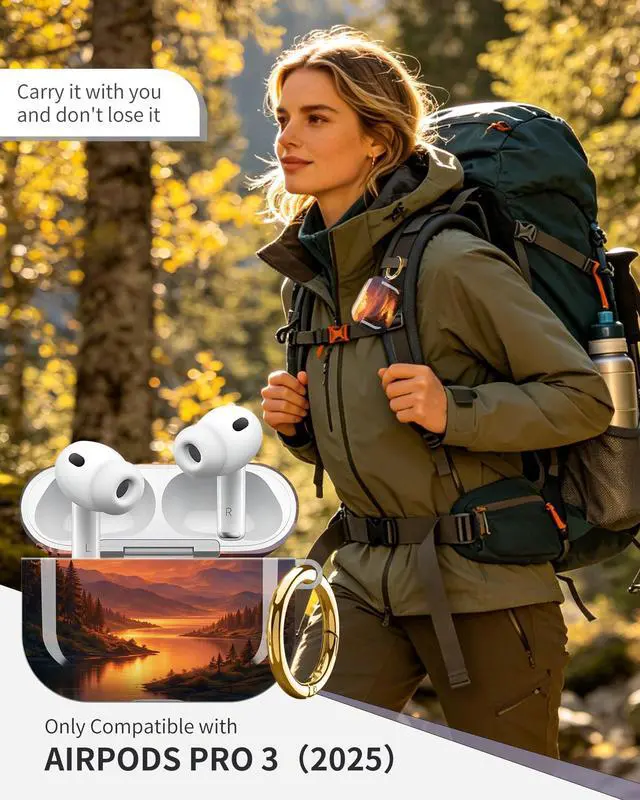 Alt view image 2 of 6 - Compatible with AirPod Pro 3 Case 2025,Shockproof Protective Cover with Keychain,Multi-Theme Graphic Design Shell for Men Women,Ideal for Gym&Travel(Mountain Sunset Lake Forest Sky Clouds)